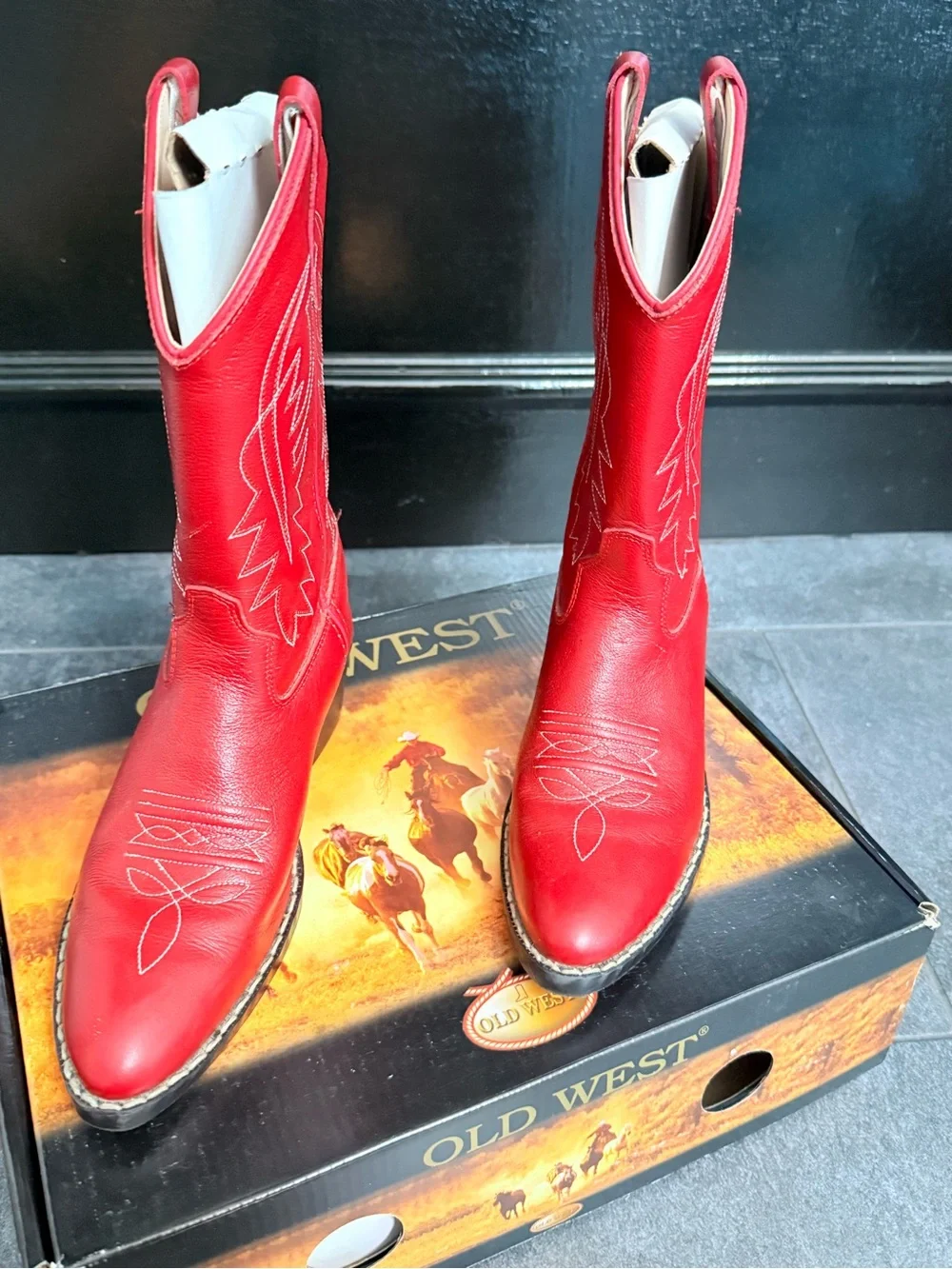 Old West Kids Red Leather Western Cowboy Boots Girls Size 3 EUC w/ Box